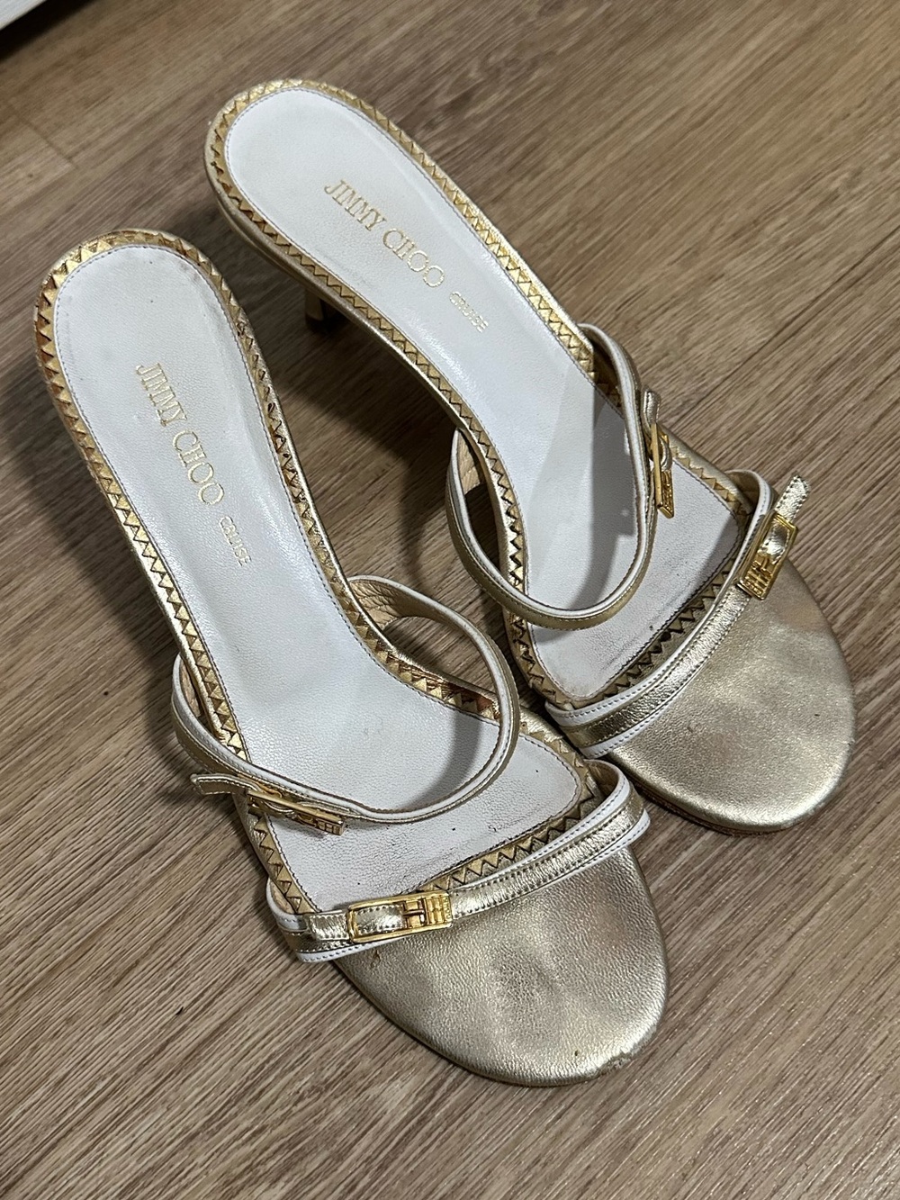 Jimmy Choo Metallic Gold White Leather Logo Heeled Sandals 36.5